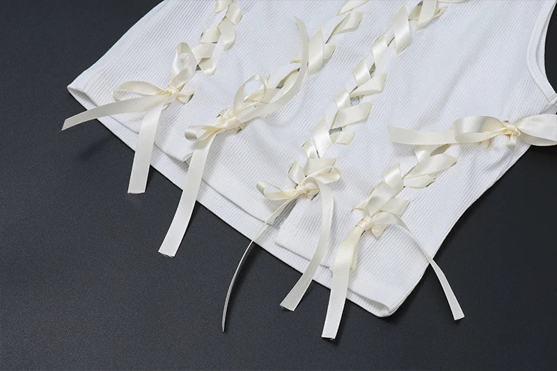 Aesthetic Bow Bandage Ribbed Crop Top