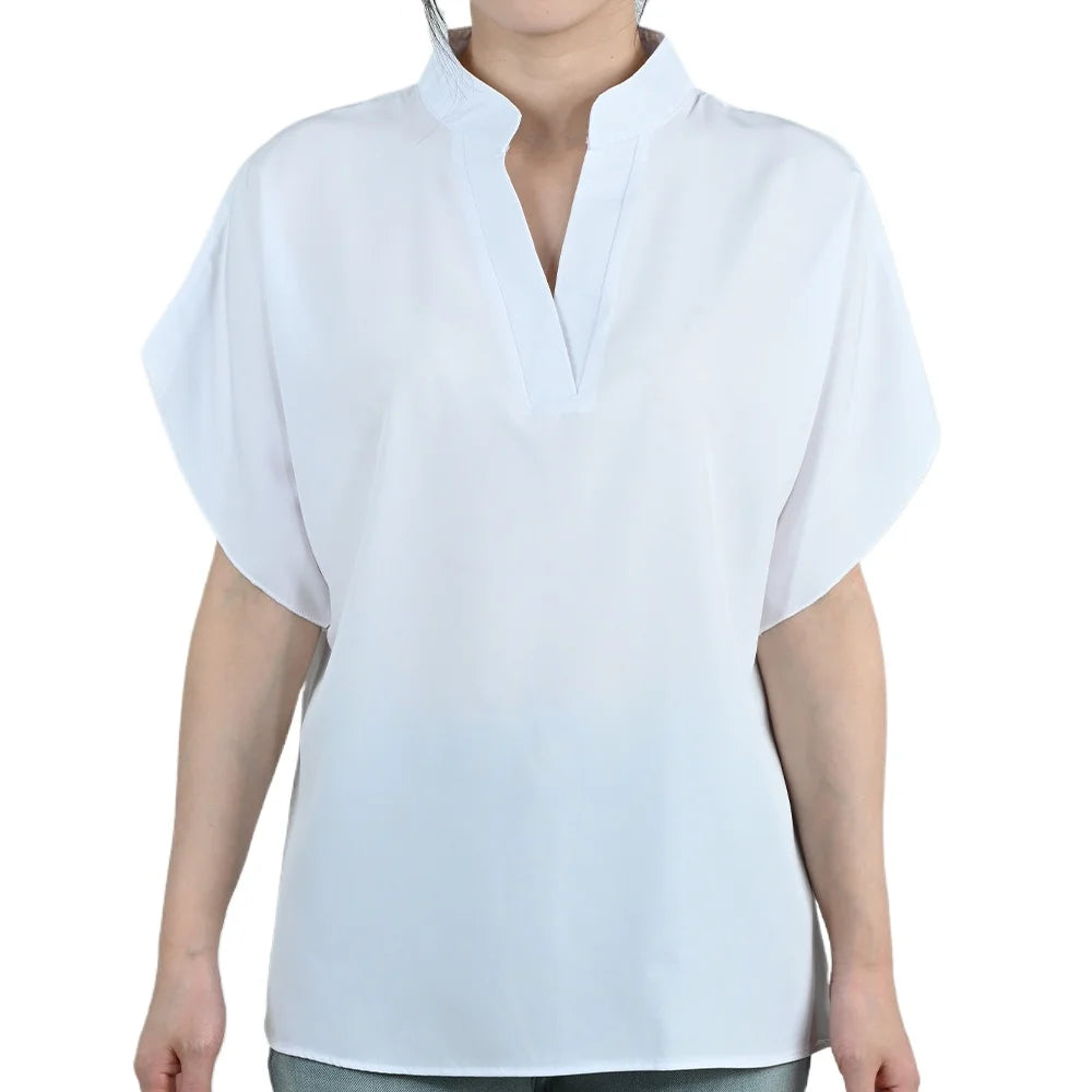 FlareFemme™ V-Neck summer blouse in white with short flare sleeves, perfect for midlife elegant style.