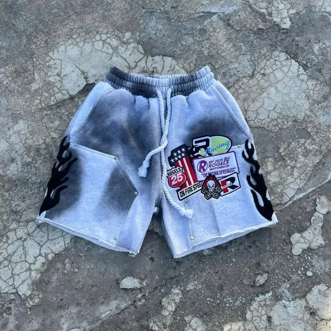 FlameShorts™ – Rhinestone Baggy Shorts (Y2K Flame Street Look)