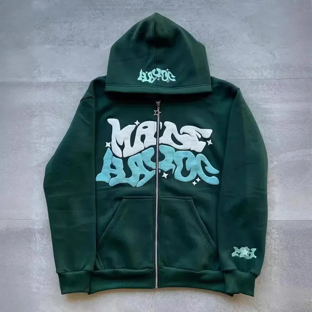 Unisex Retro Letter Zip Hoodie