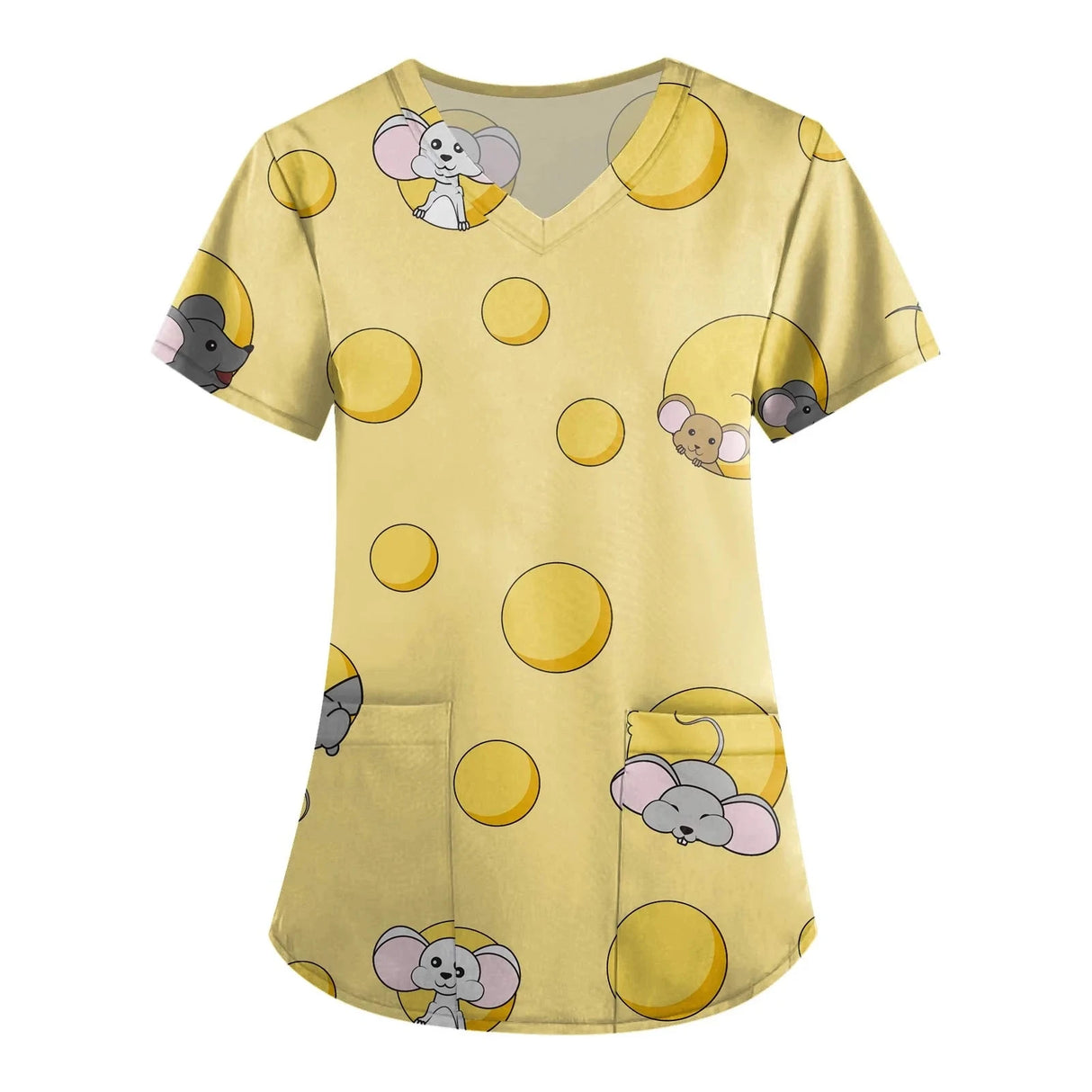 Cute mouse print scrub top in yellow with pockets, perfect for women in veterinary or medical fields.