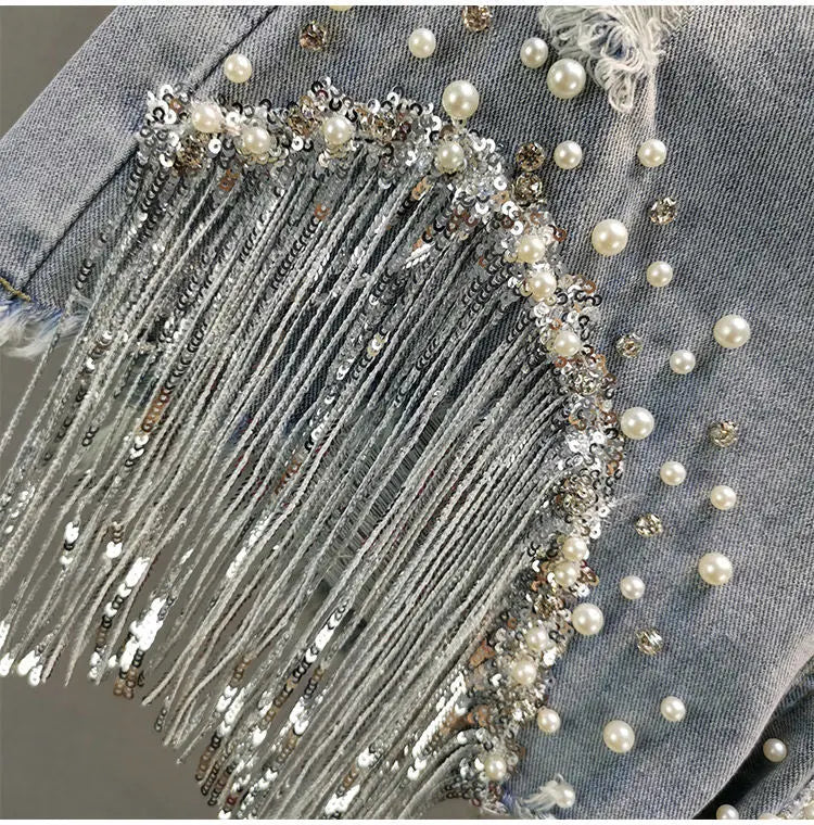 GlamBeads™ – Beaded Sequin Denim Shorts (Fringed, Broken Copper Style)