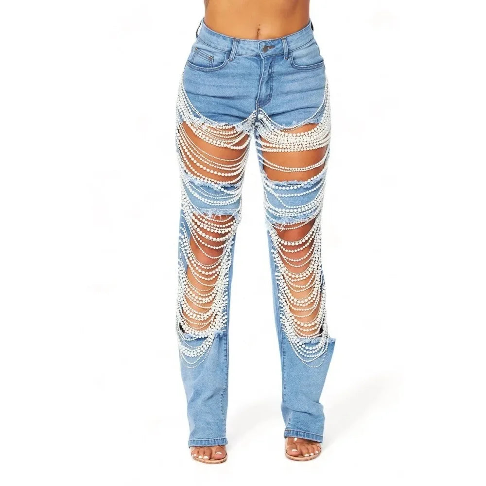 ChainTear™ – Bead Chain Ripped Slim Denim Pants 2025 (Grungy, Sleek & Decorative)