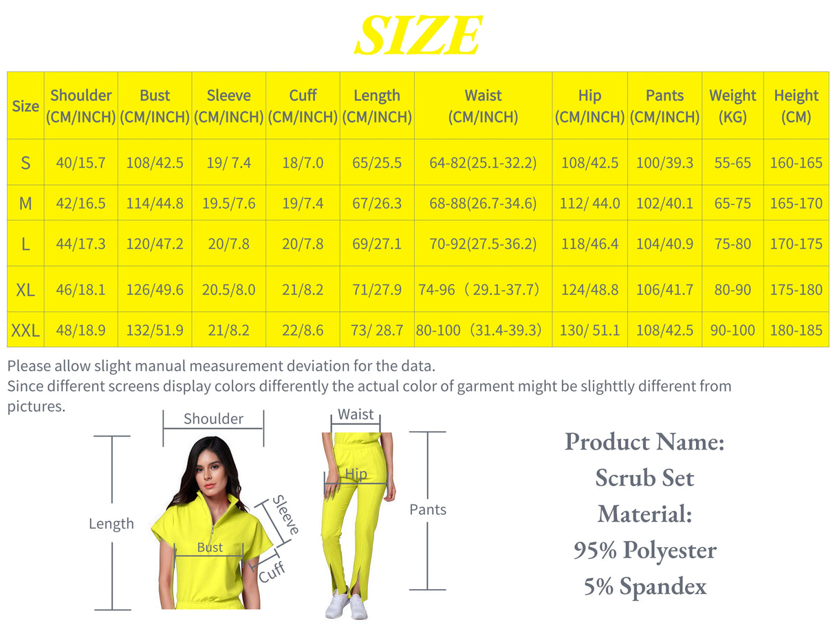 Size chart for women's medical scrub set, detailing measurements for various sizes including shoulder, bust, sleeve, and more.