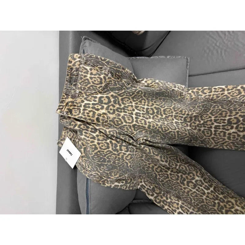 Leopard Print Retro Baggy Denim Pants