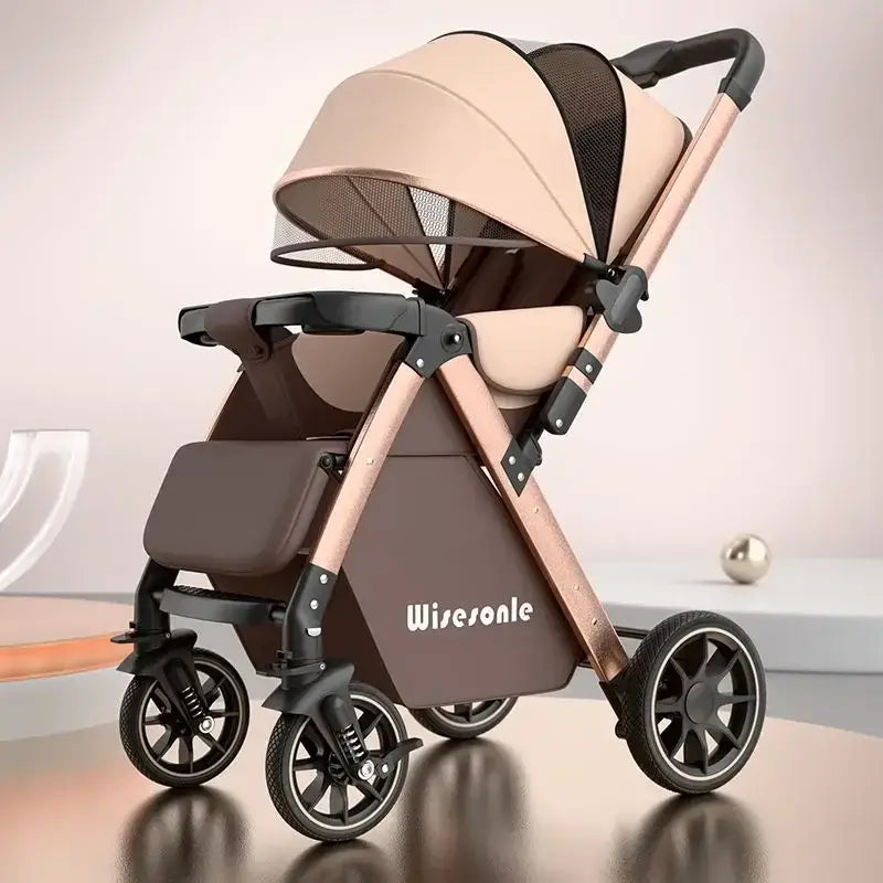 Lightweight baby stroller in beige with high carbon steel frame and PU foam wheels, designed for infants and toddlers.
