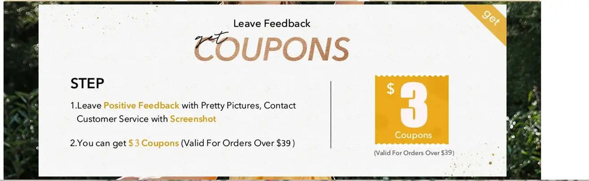 Graphic promoting $3 coupons for leaving positive feedback with instructions and contact details.