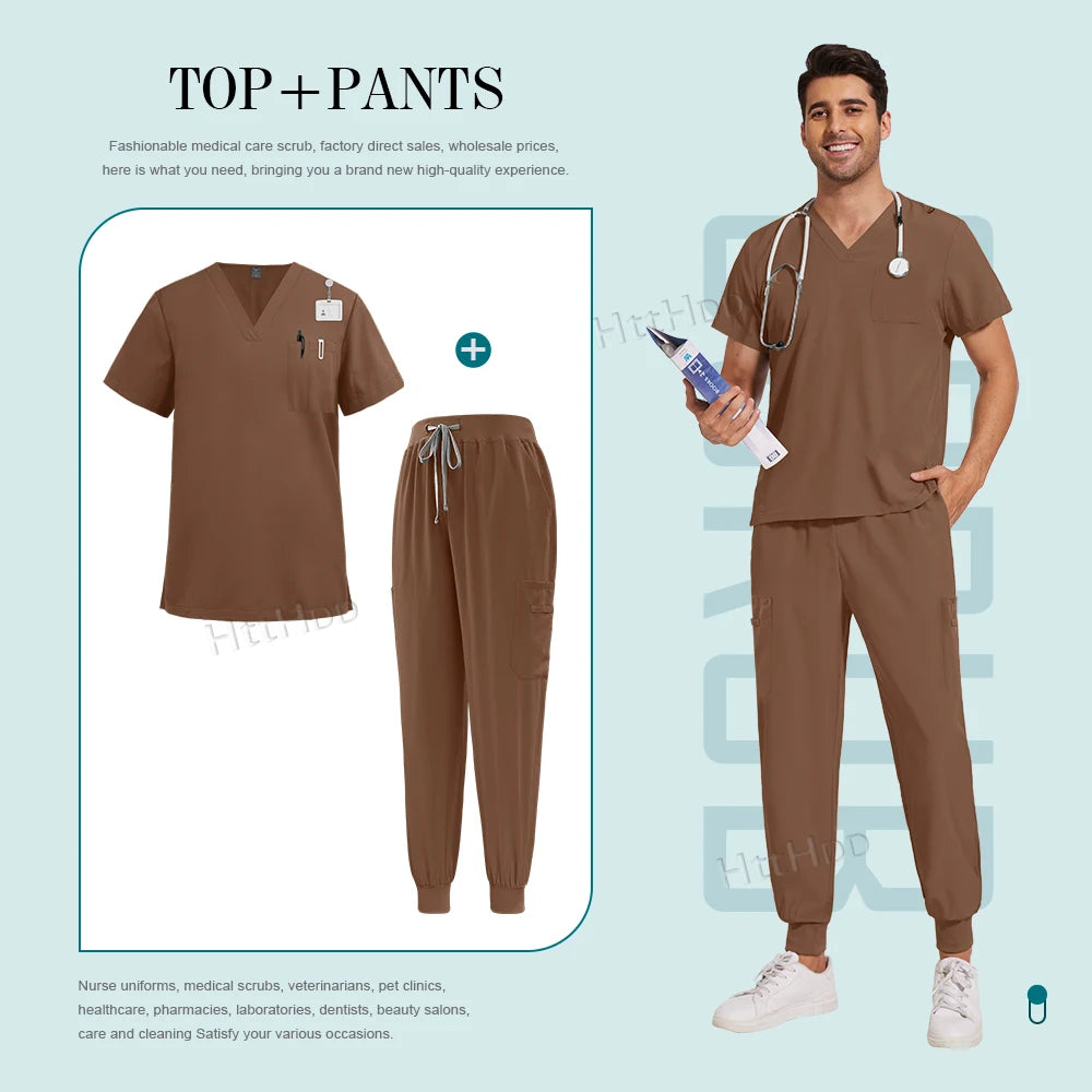 Unisex nurse surgical scrub suit jogger set in brown, stylish and breathable for medical and beauty professionals.