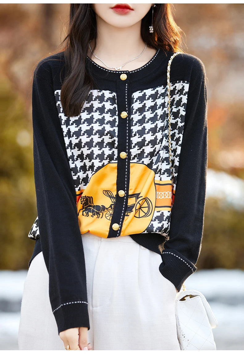 Women's Printed Stitching Wool Cardigan