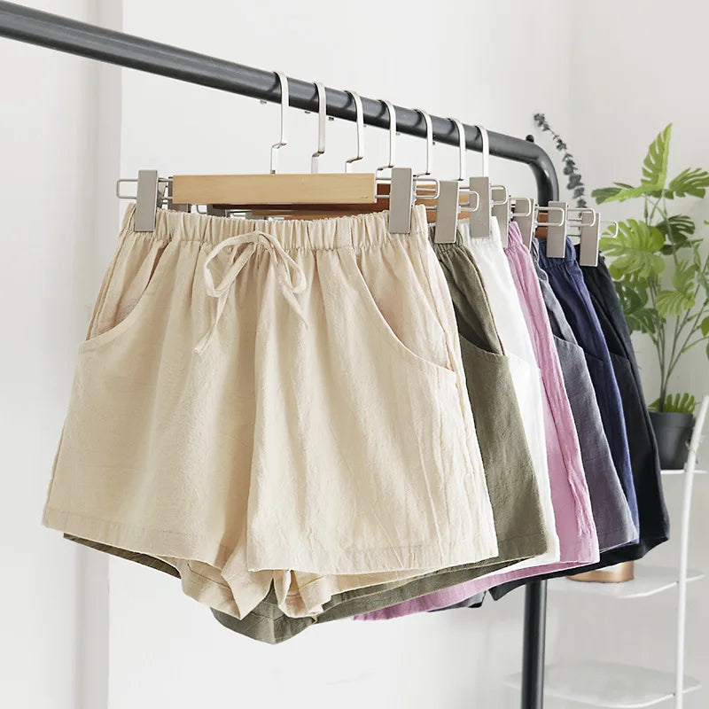 Women Cotton Linen High Waist Shorts