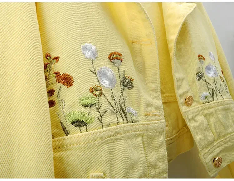 Floral Embroidery Denim Crop Jacket for Women