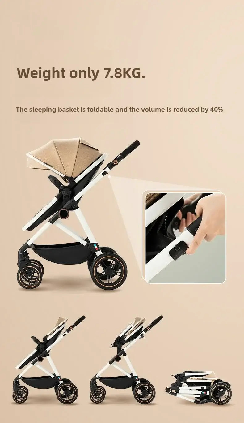 Lightweight baby stroller, foldable design, weighing only 7.8KG, showcasing high landscape and portability features.