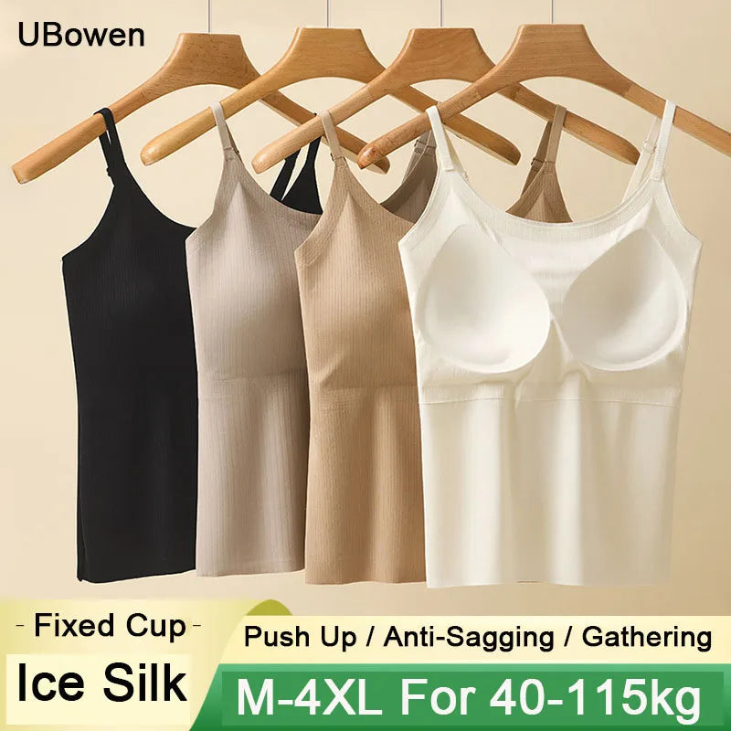 BraChic Ice Silk Cami with built-in bra in four colors, comfortable and supportive plus size camisole, sizes M-4XL.