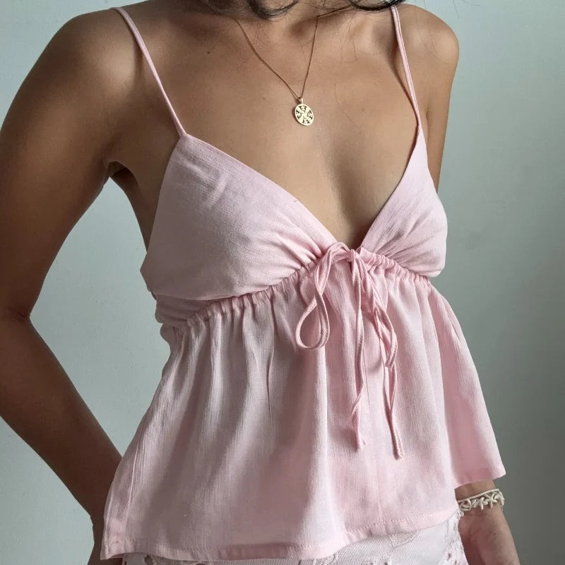 Off Shoulder V‑Neck Pink Crop Tank Top