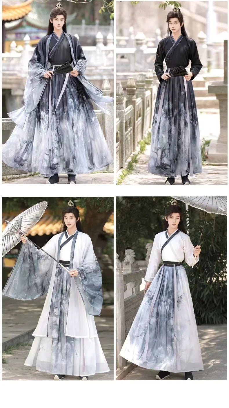 Men's martial arts hanfu featuring cross collar design, displaying traditional ink style in black and white attire.