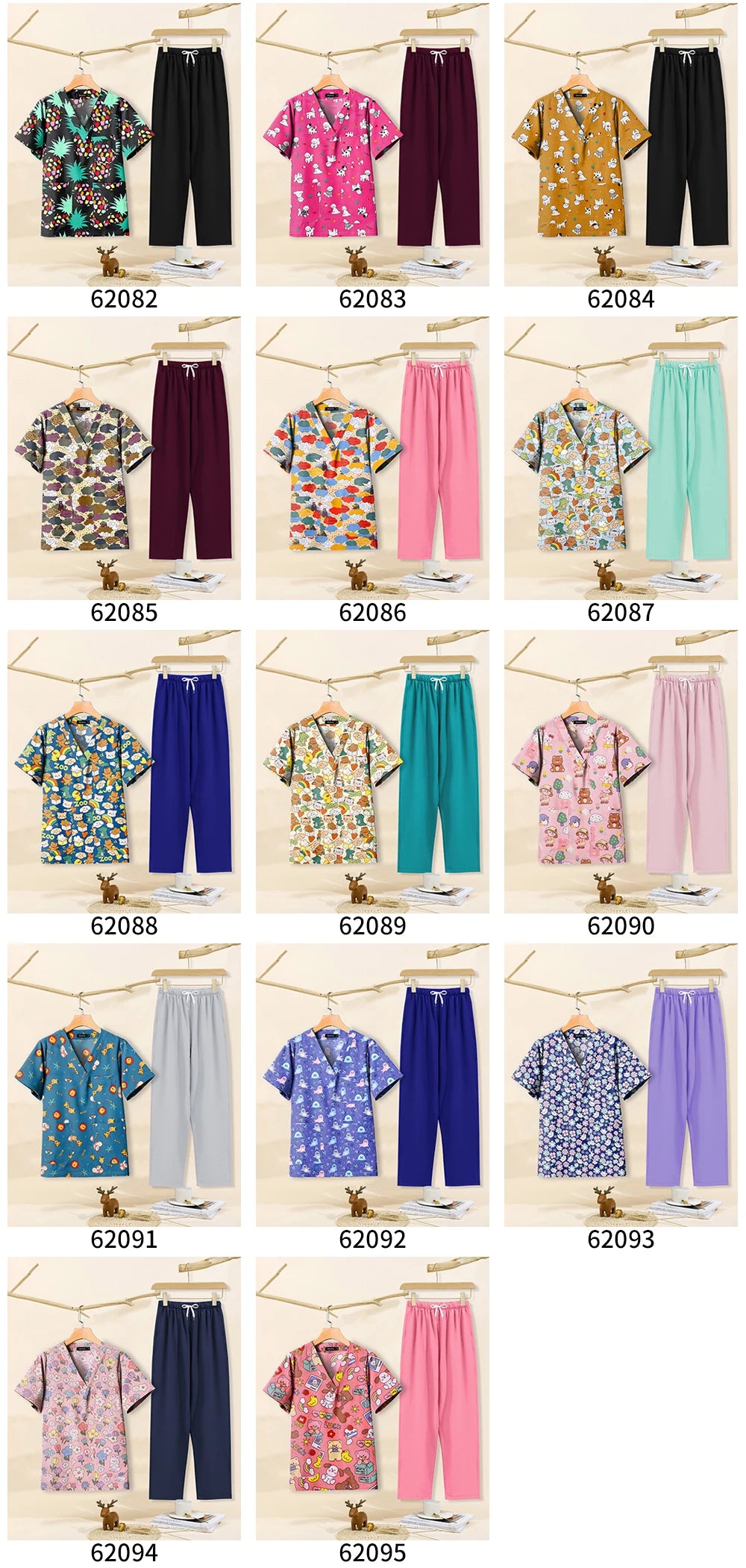 Colorful cartoon print dental scrubs set for women, featuring various stylish designs and breathable fabric for pet grooming work.