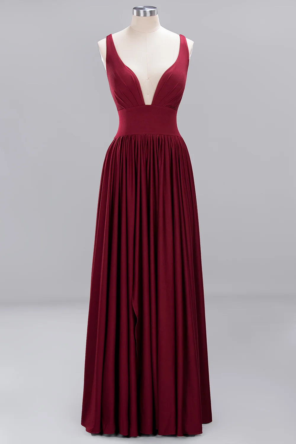 V-neck burgundy bridesmaid evening dress with pleats and a floor-length silhouette.
