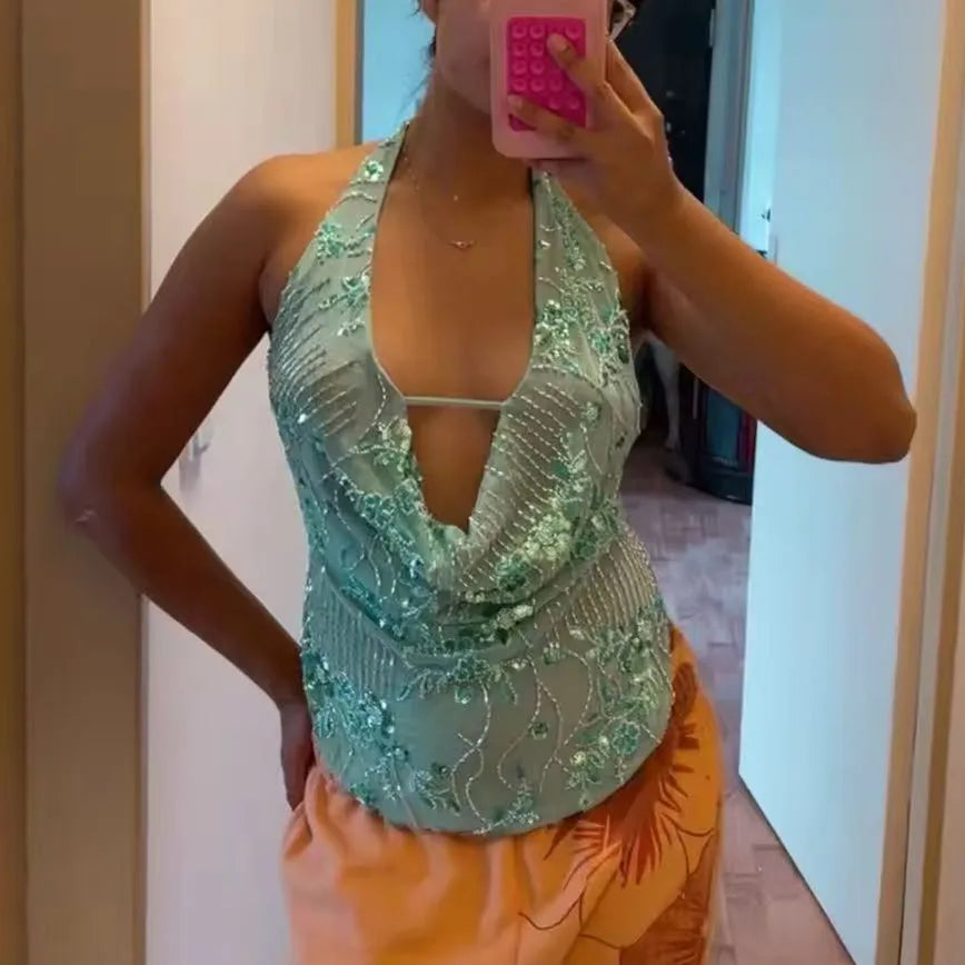 بلوزة نسائية بدون أكمام ذات ترتر عميق على شكل حرف V