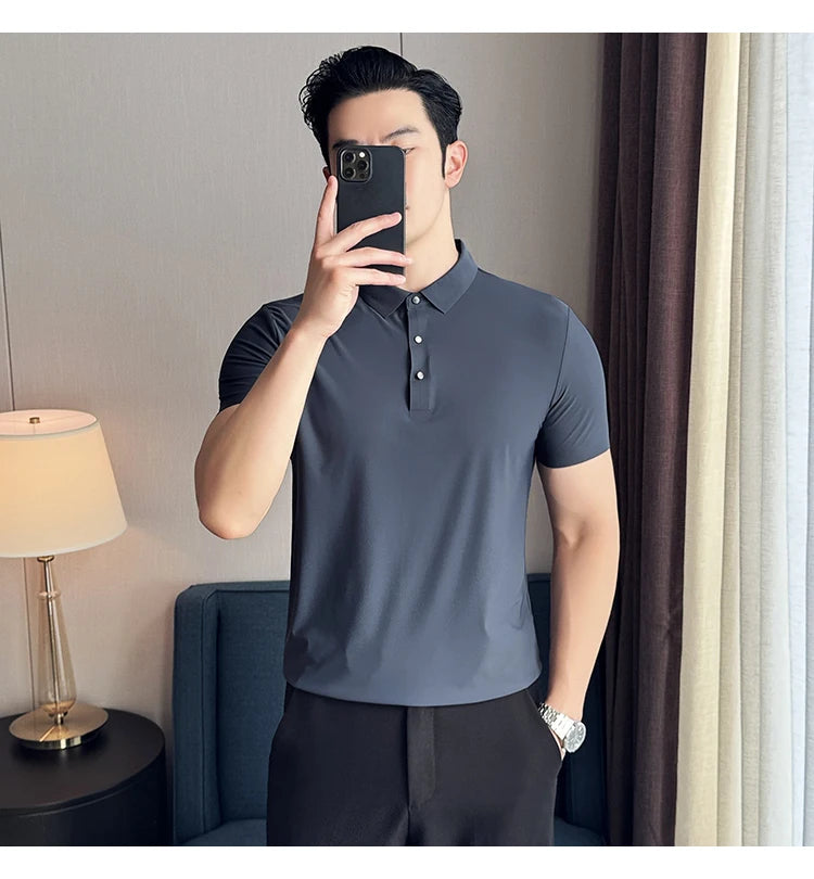 Men Ice Silk Polo Shirt Brown Top