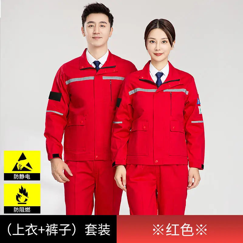 Anti-static flame-resistant welding suit in red, featuring a male and female model, ideal for safe work environments.