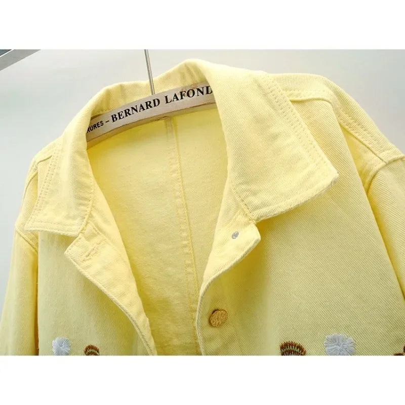 Floral Embroidery Denim Crop Jacket for Women