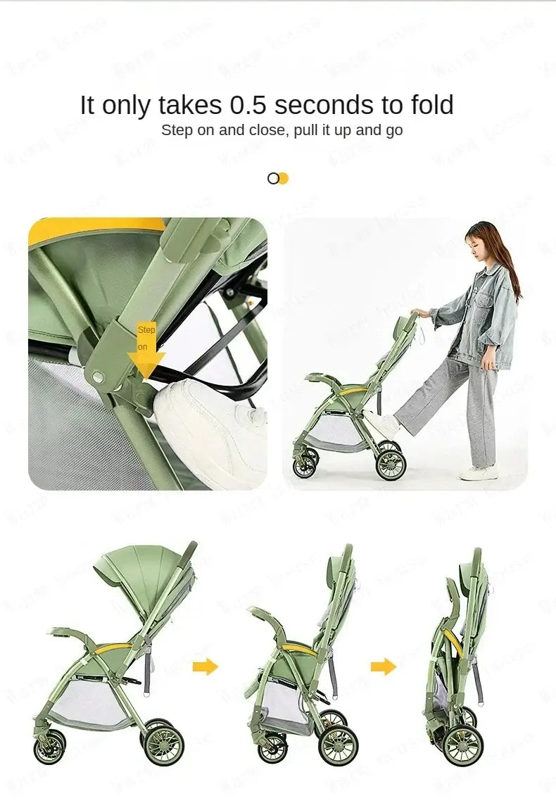 High landscape baby stroller folding demonstration, showcasing easy 0.5-second fold feature.