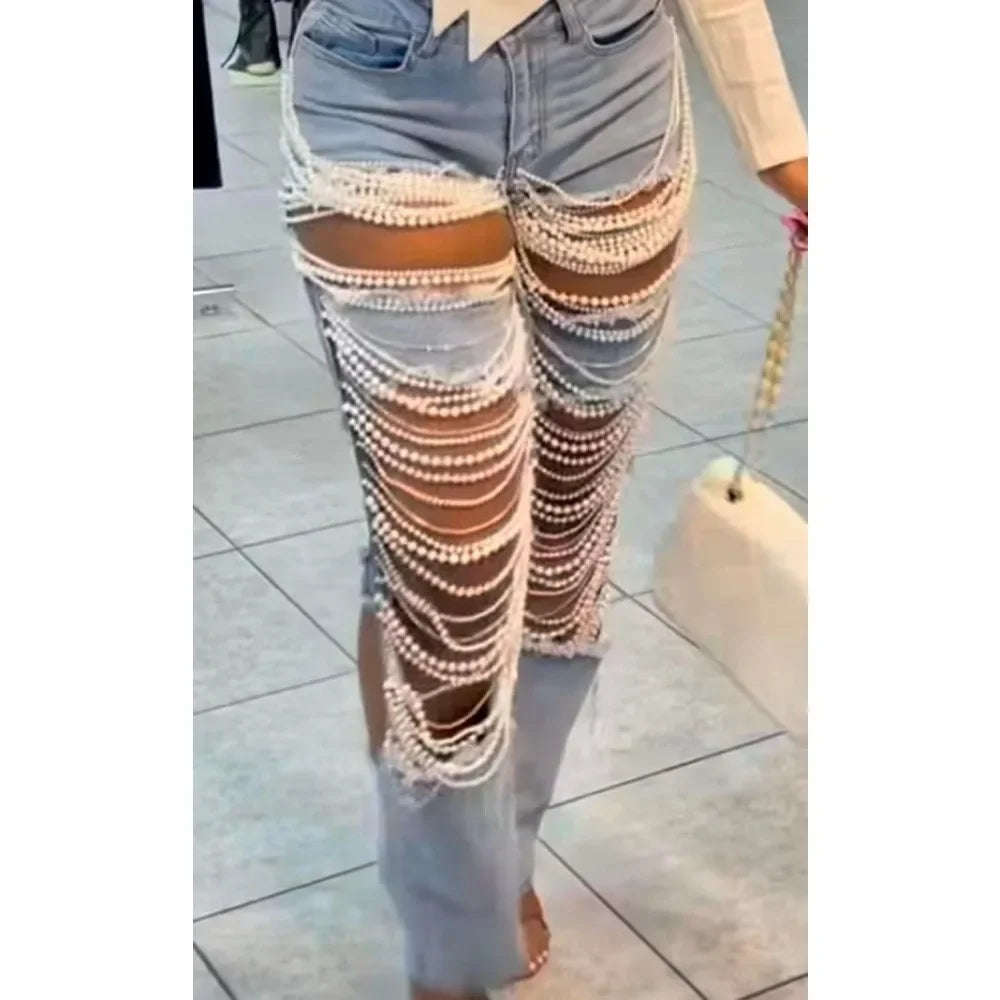 ChainTear™ – Bead Chain Ripped Slim Denim Pants 2025 (Grungy, Sleek & Decorative)