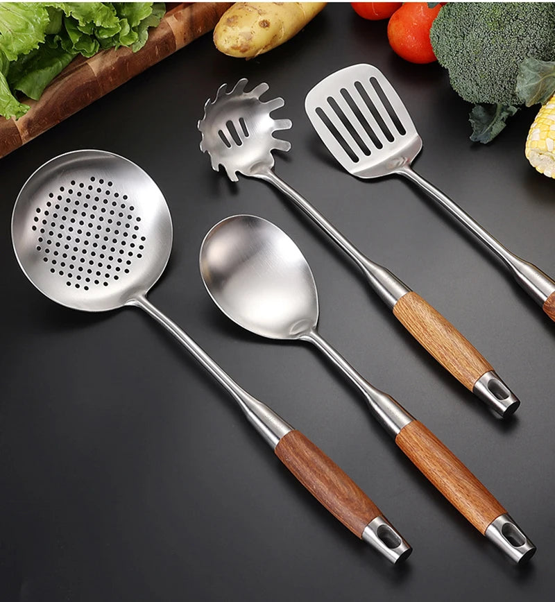 7-Piece Stainless Steel Utensil Set with Wooden Handle