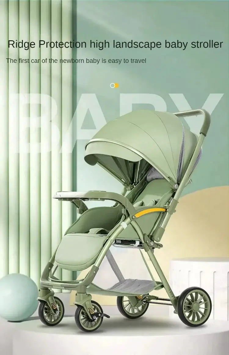 Bi-directional high landscape baby stroller in green with ridge protection, lightweight and portable design for easy travel.