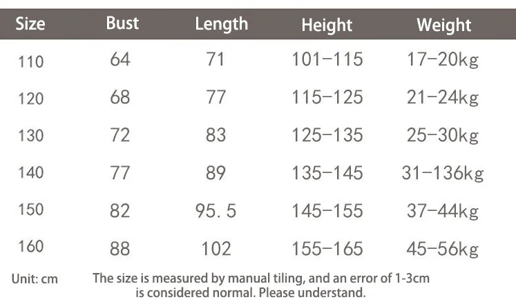 Size chart for Modern Fairy Hanfu Girls Cosplay Dress showing bust, length, height, and weight specifications.