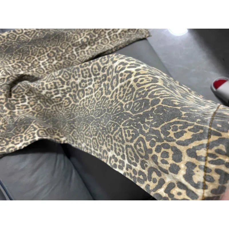 Leopard Print Retro Baggy Denim Pants