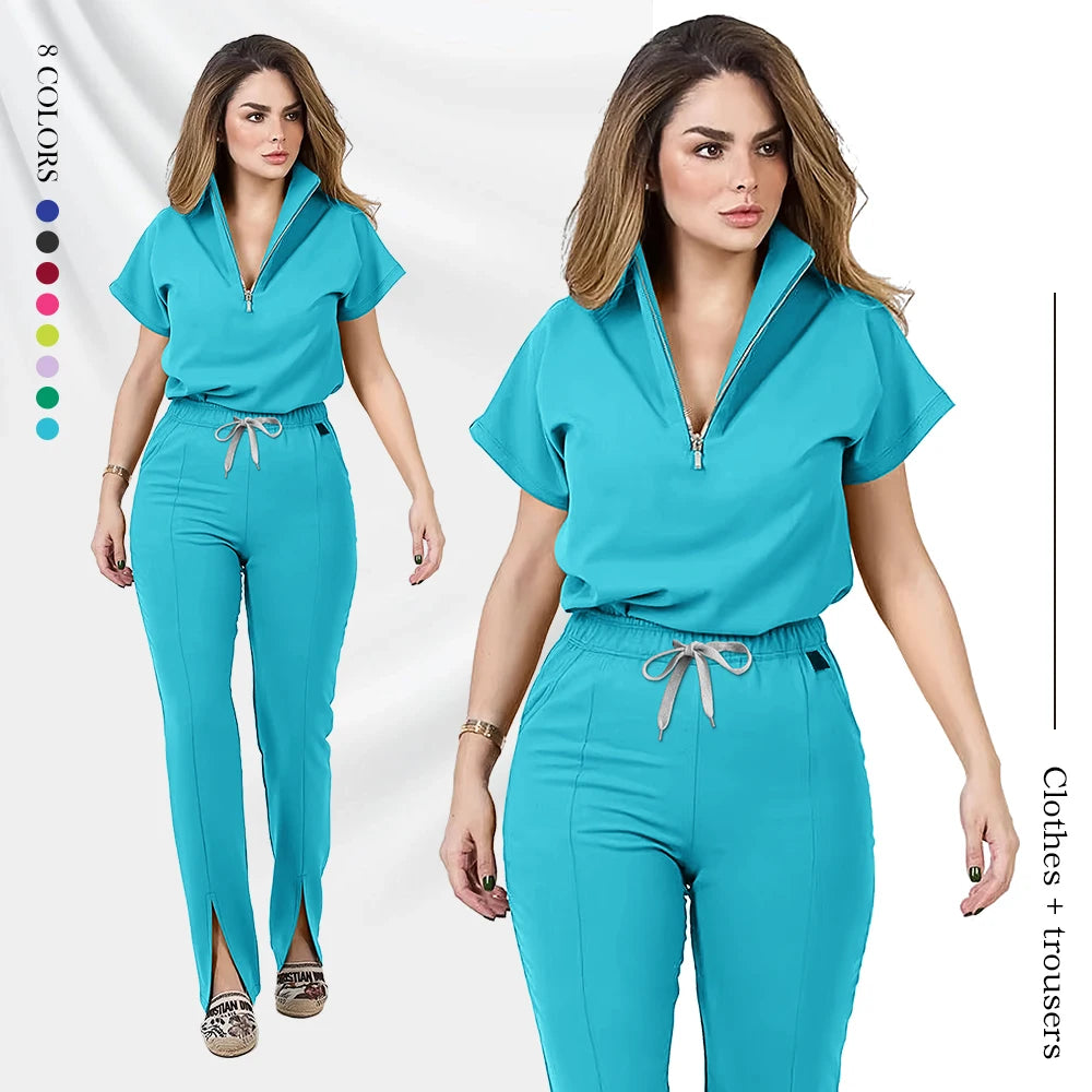 Women's medical scrub set featuring a zipper top and pants in vibrant teal, designed for comfort and style in various professional settings.