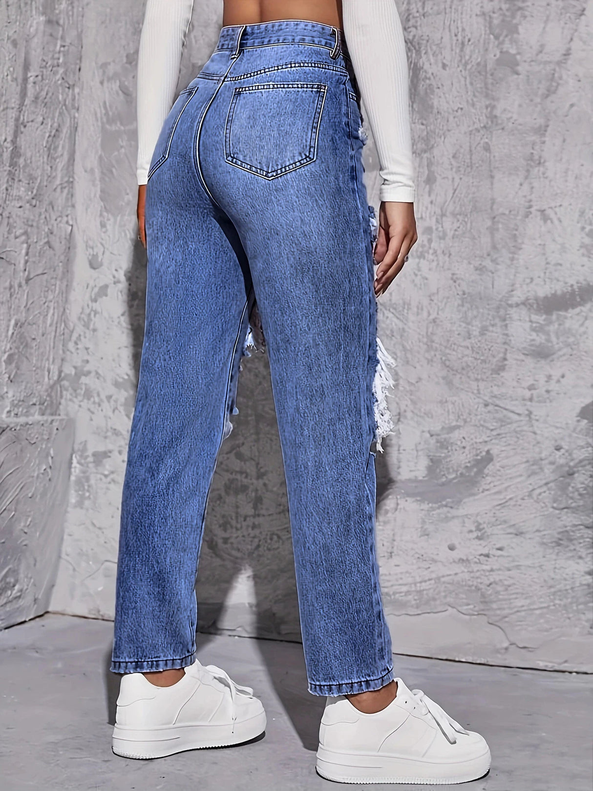 Women Retro Hole Wide-Leg Jeans