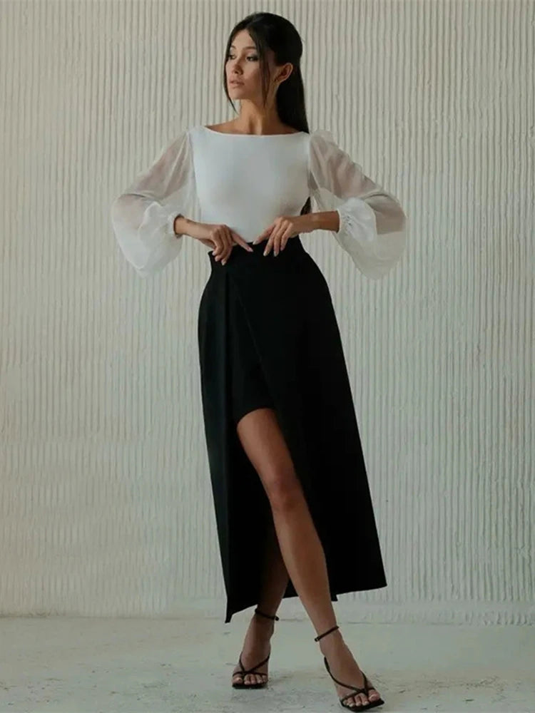 Women's Mesh Long Sleeve Bodysuit – Sexy Black White Bodycon Top