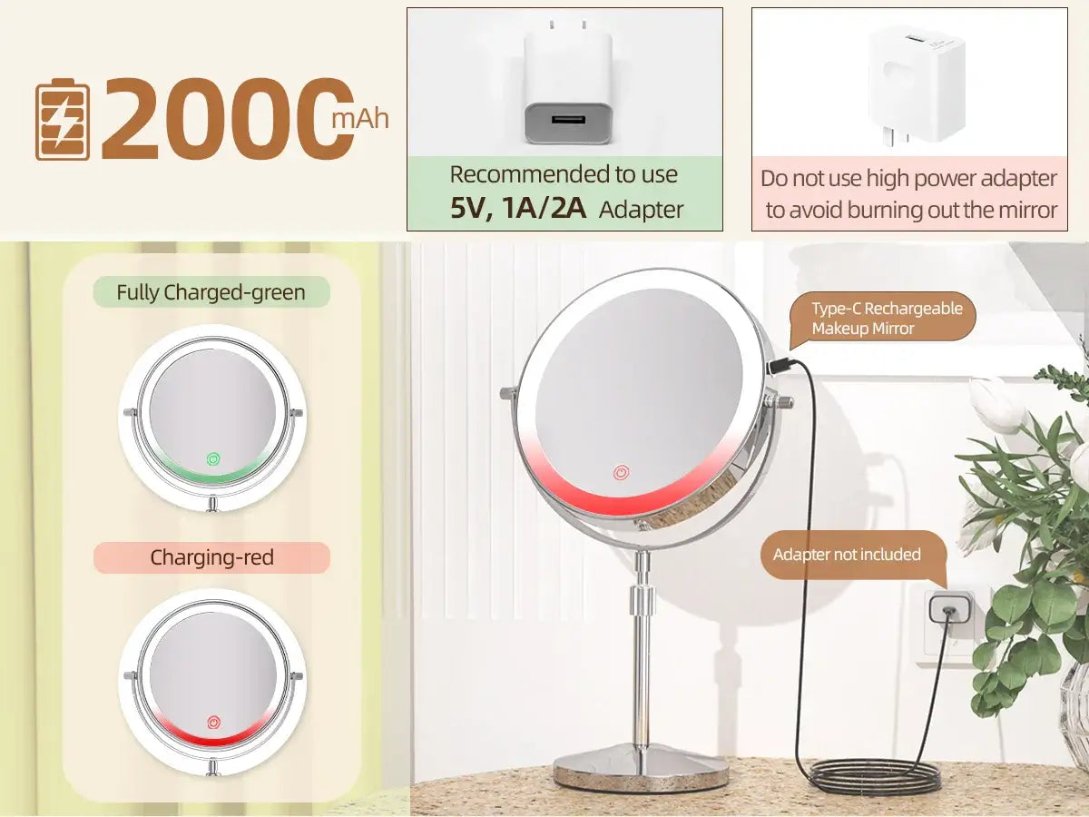 8 inch makeup mirror with light, 2000mAh rechargeable battery, showing charging indicators and power adapter instructions.