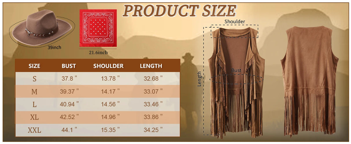 Cowboy costume size chart featuring vest, hat, and bandana, with measurements for Small to XXL sizes.