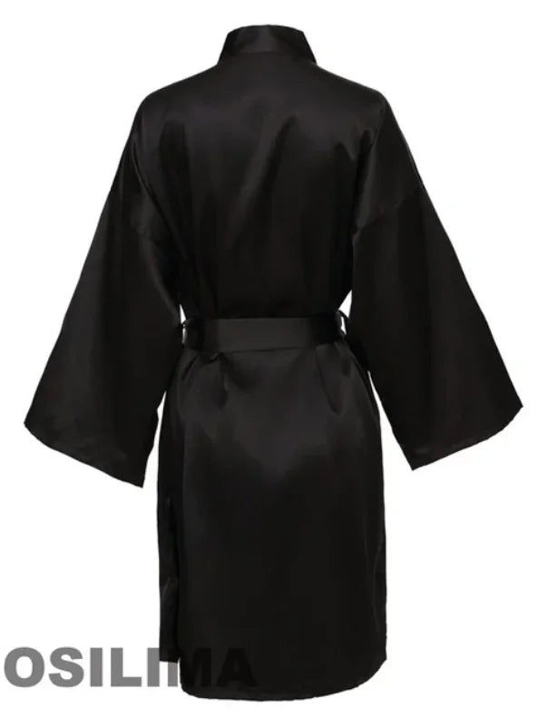 Back view of Team Bride satin robe in black, featuring short sleeves and a belted waist, perfect for bridesmaids.