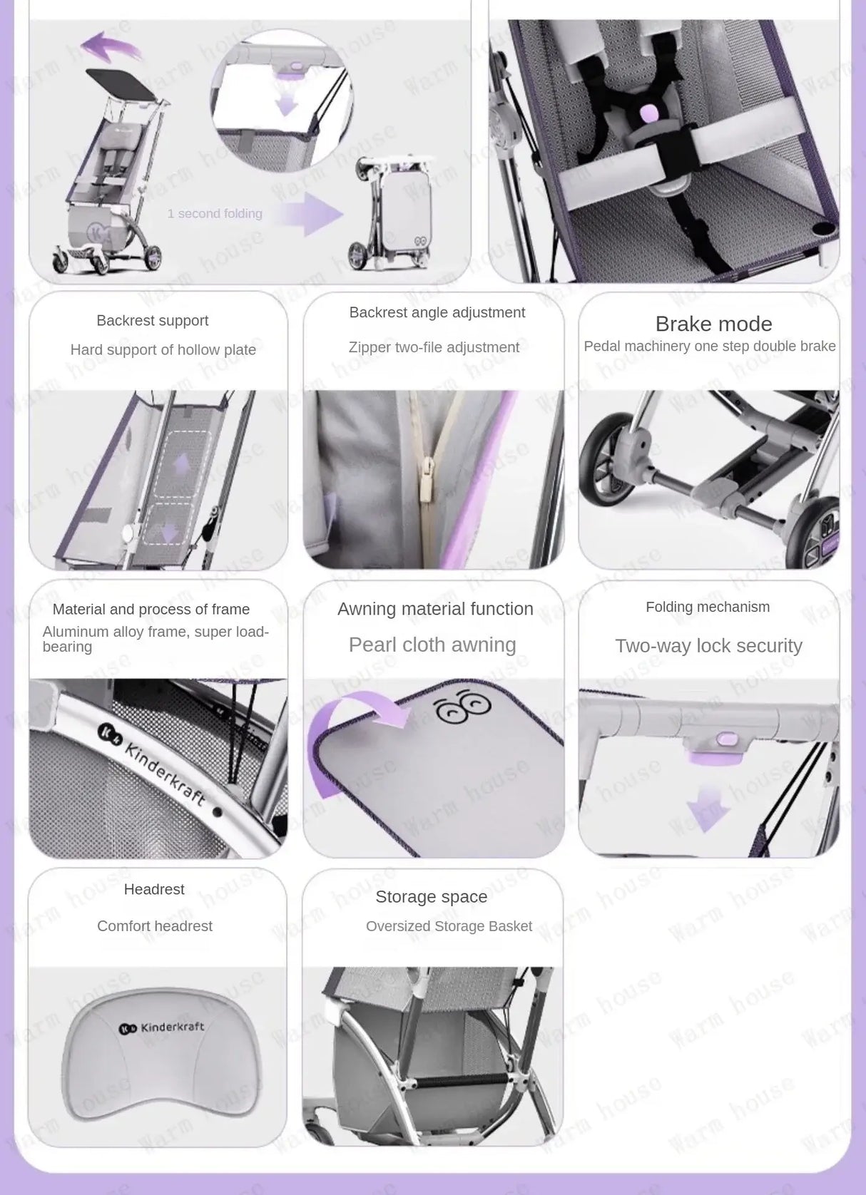 Close-up of Outdoor Lightweight Stroller features: adjustable backrest, foldable design, and two-way security.