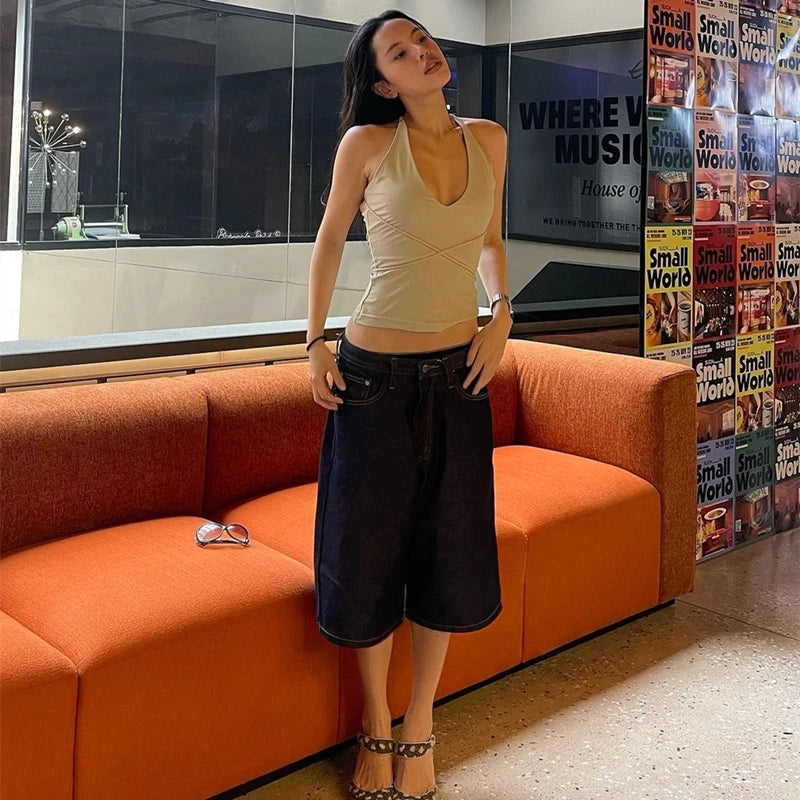Korean Fashion Backless Halter Crop Tank