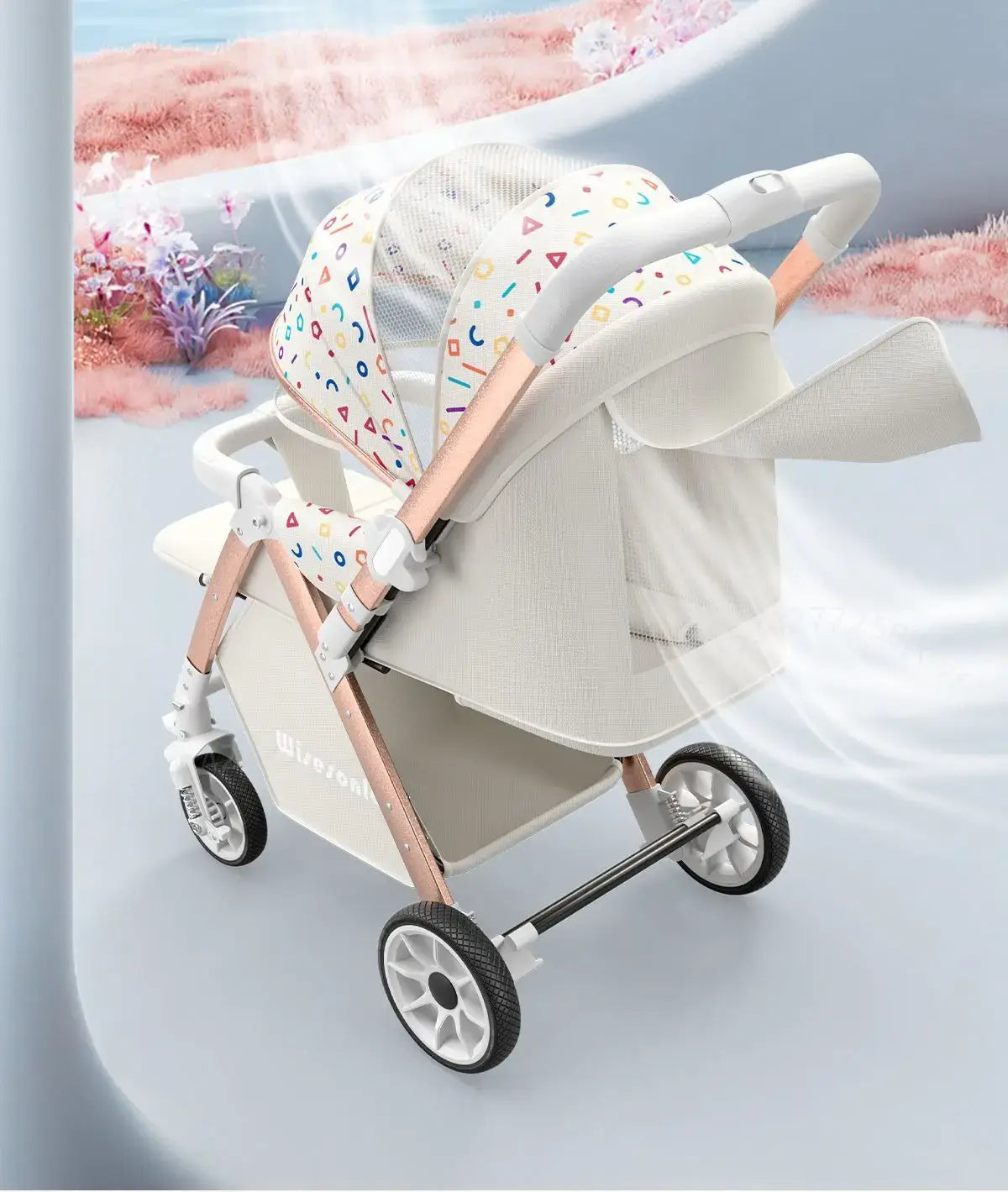 Lightweight baby stroller in a modern design, featuring a colorful hood and sturdy frame, ideal for infants and toddlers.