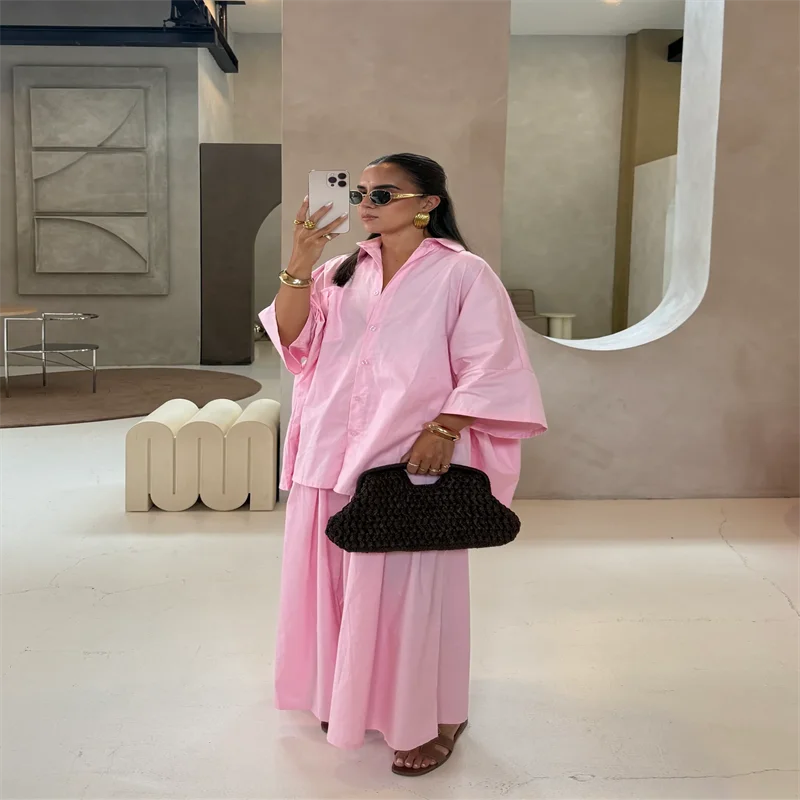 طقم بنطال نسائي من القطن بقصة واسعة