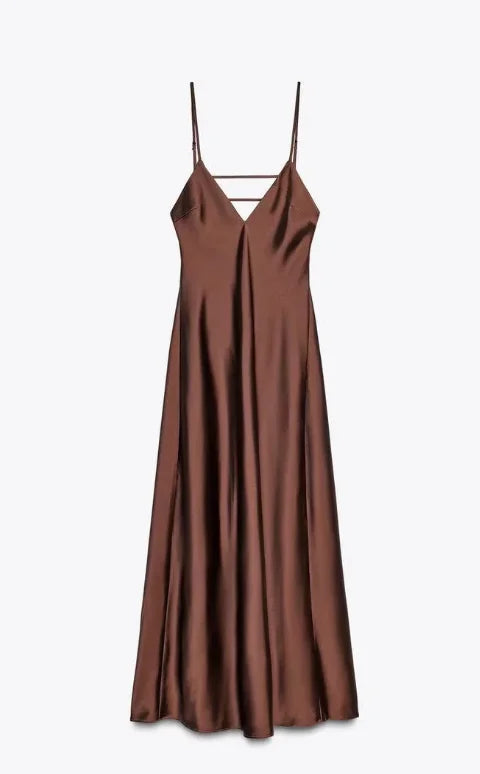 Golden Satin Backless Evening Gown