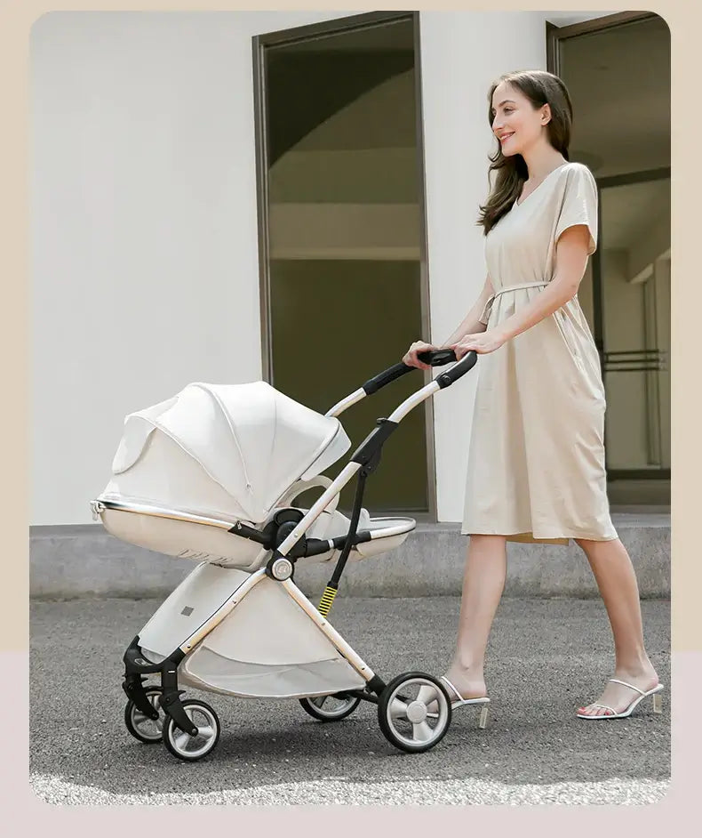A woman pushing a stylish twin baby stroller outdoors, showcasing its modern design and foldable features.