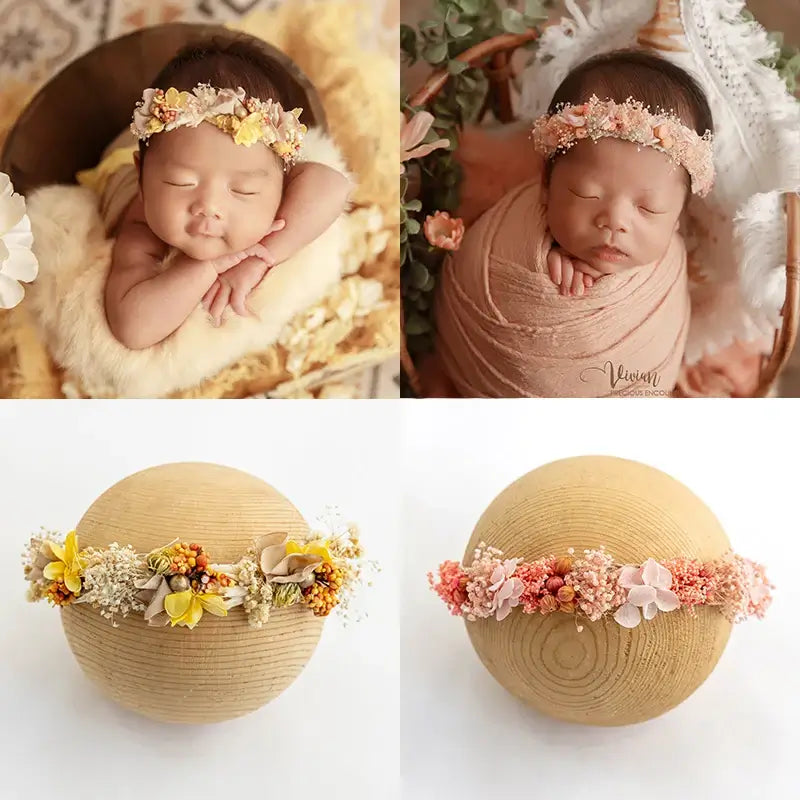 Newborn baby wearing adorable floral headbands for photography, showcasing various styles and colors in a cozy setting.