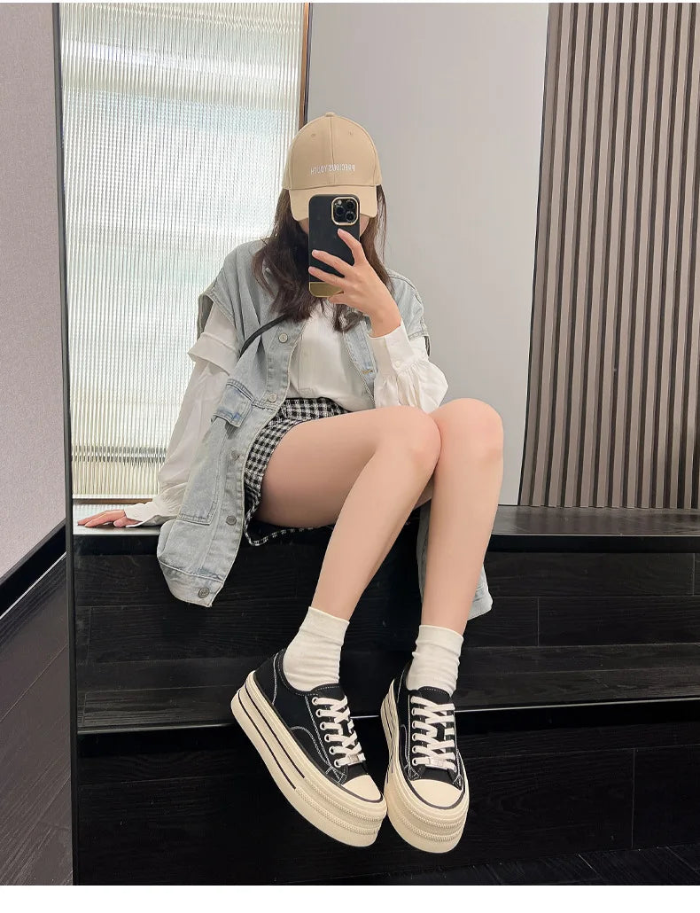 Women Canvas Shoes Black White Platform Sneakers