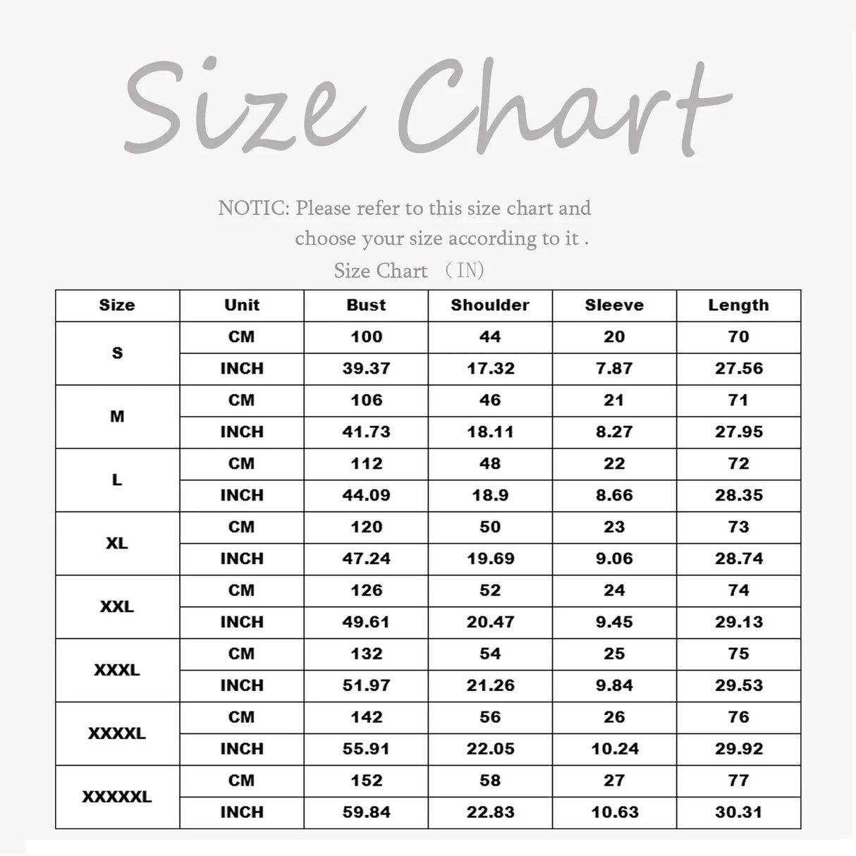 Size chart for colorful jogger nursing scrubs showing measurements for S, M, L, XL, XXL, XXXL, and more.