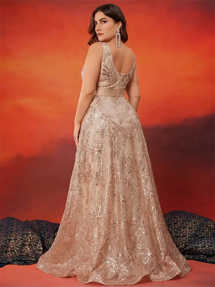 فستان سهرة كوكتيل بظهر على شكل حرف V مزين بالترتر للنساء بمقاسات كبيرة