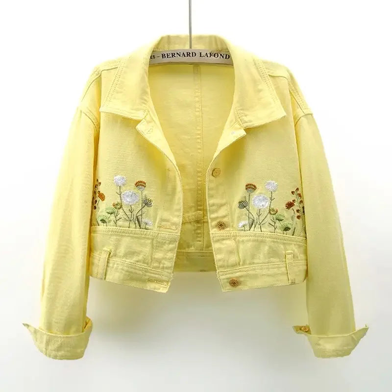 Floral Embroidery Denim Crop Jacket for Women