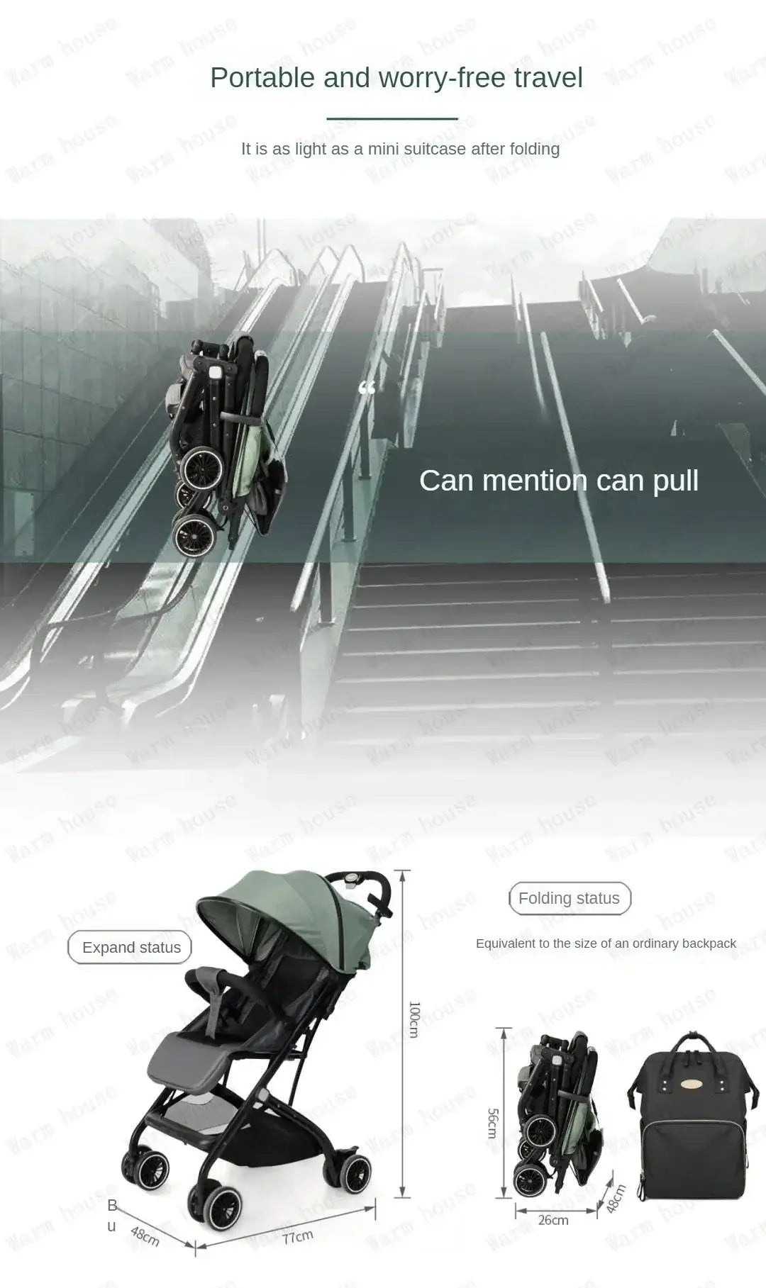 Portable foldable baby stroller shown in folding and expanding states, ideal for travel with babies aged 0-6 months.