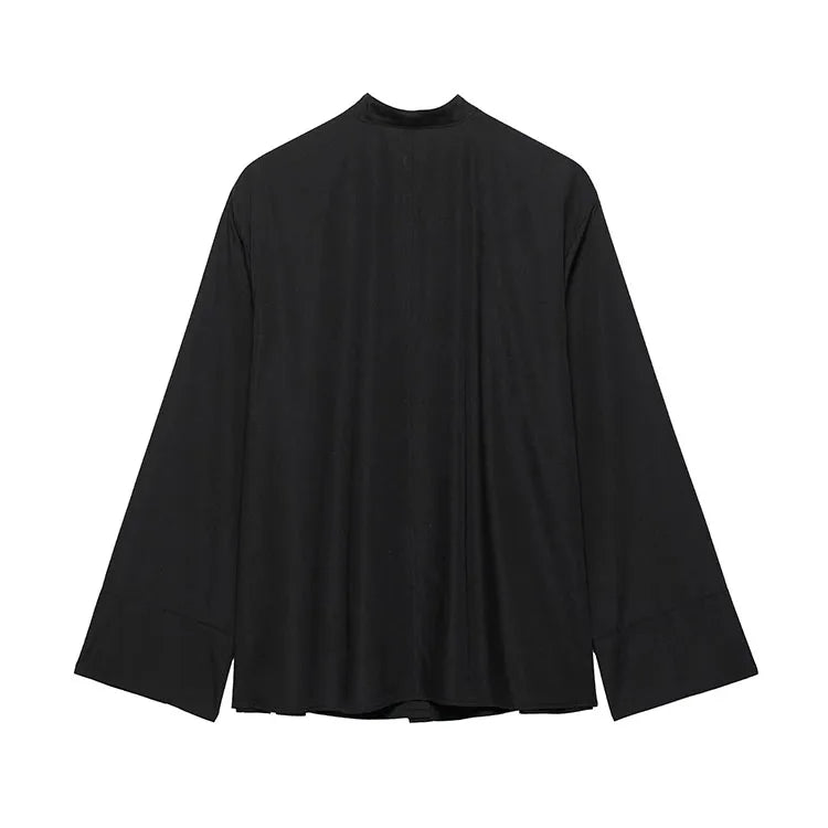 Back view of EmbroiChic™ elegant black embroidery shirt for women, featuring long sleeves and a modern Korean style.